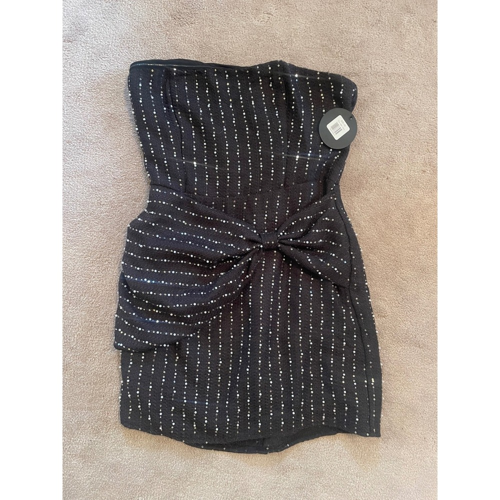 Storia Black Sequin Strapless Mini Dress Bow Front Cocktail Party New Large - Picture 2 of 4